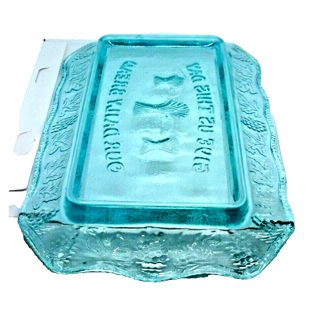 Tiaria Indiana Blue Glass "Give Us This Day Our Daily Bread" Tray Plate VTG Gift
